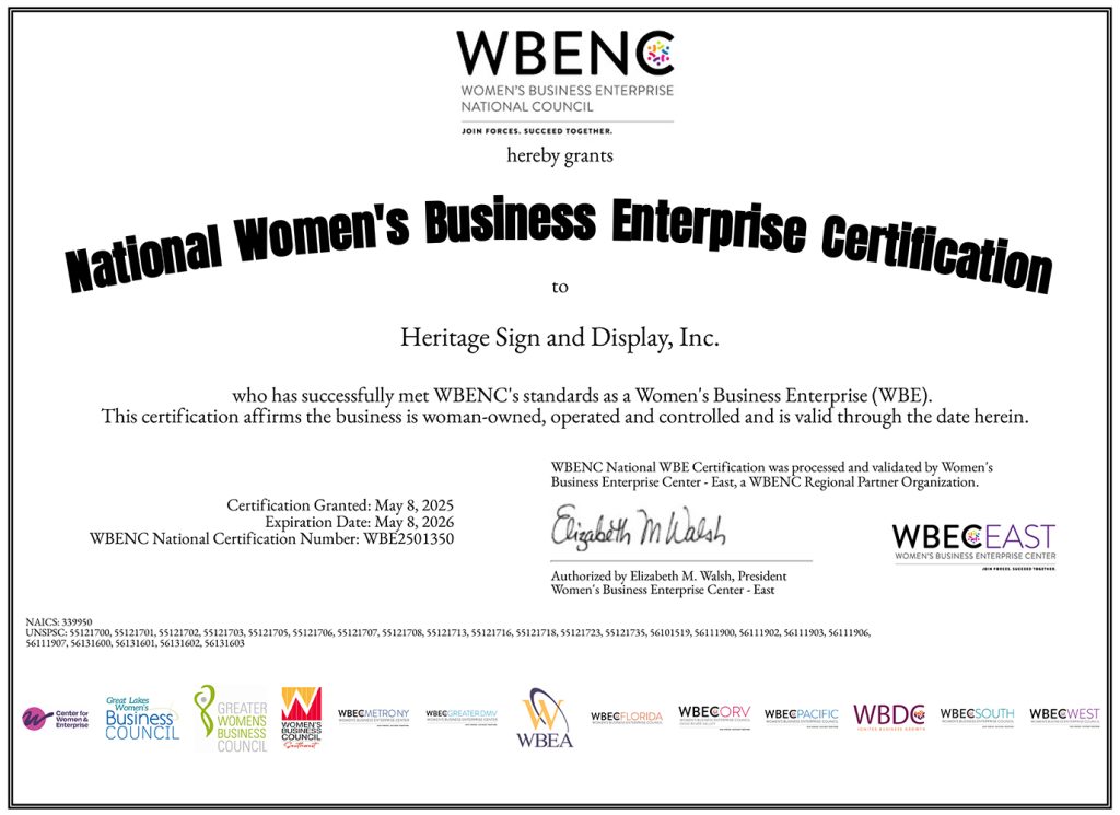 WBENC - Heritage Sign and Display 1 WBENC Certificate Heritage Sign and Display